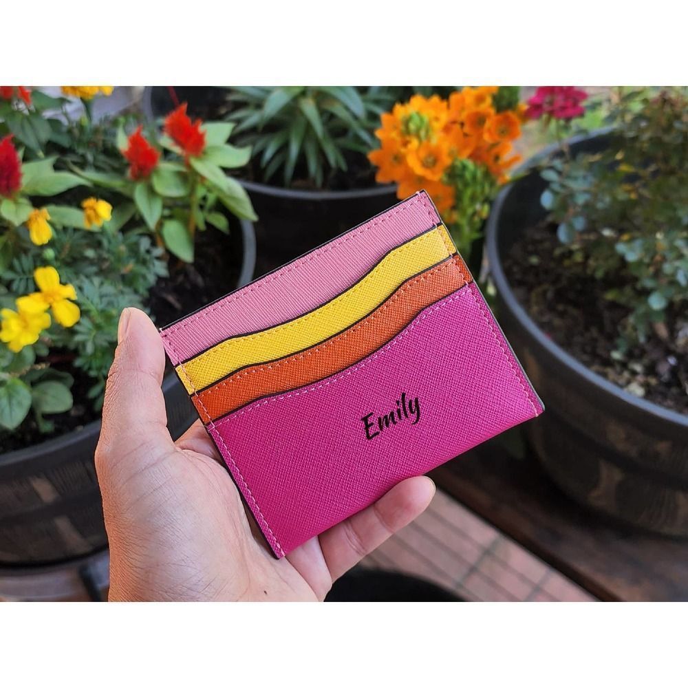 Pink Yellow Orange Saffiano Leather Minimalist Card Holder, FREE Personalization